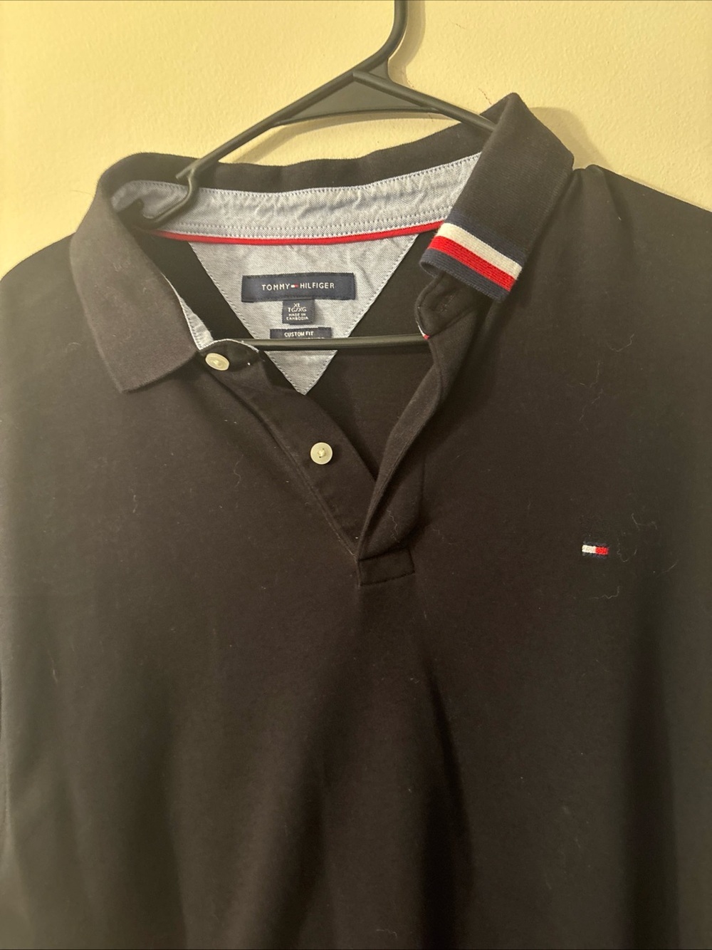 Tommy Hilfiger Black Polo with Red-White-Blue Collar Accent